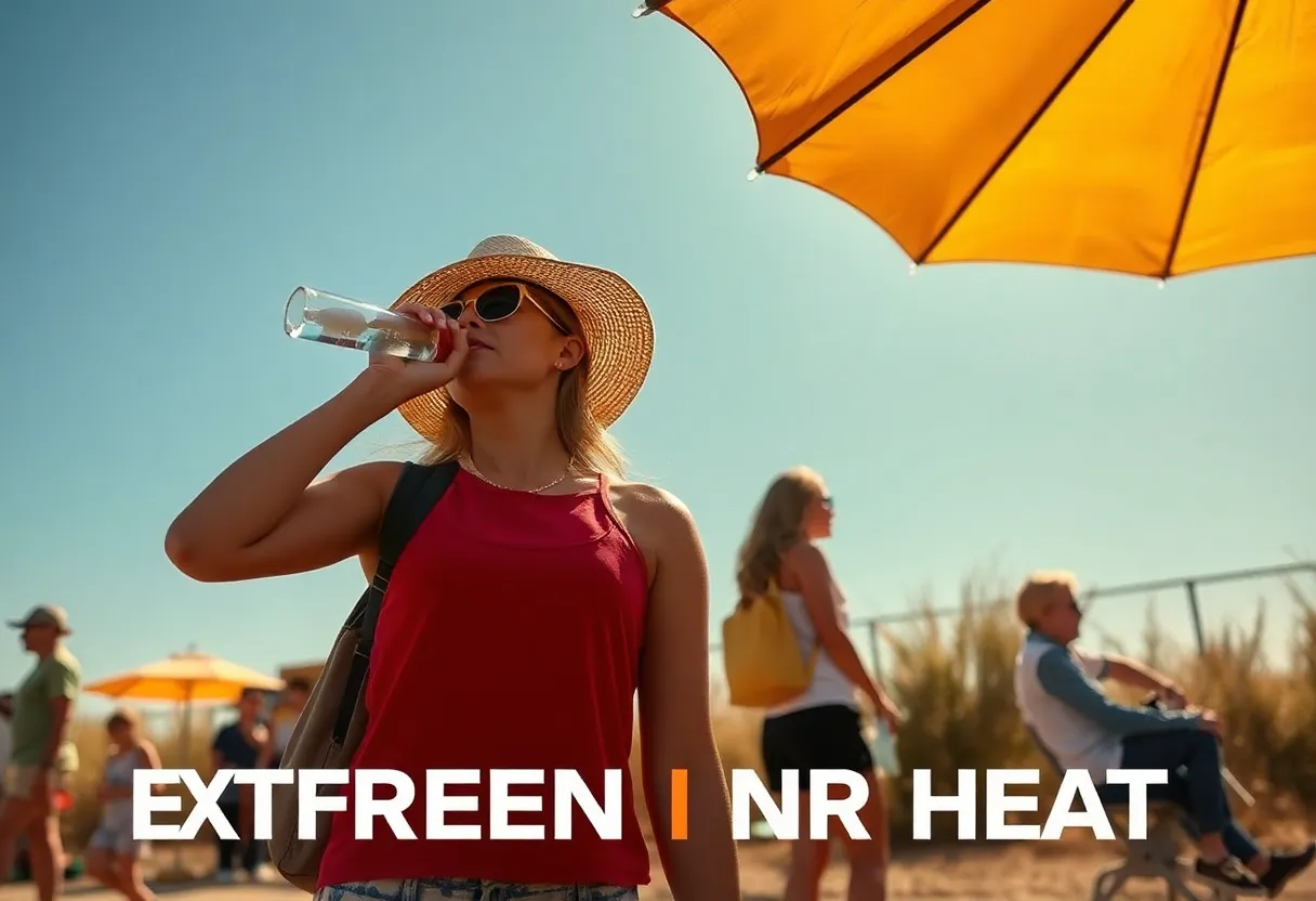 Outdoor scene depicting heat advisory conditions with individuals seeking shade and hydration.