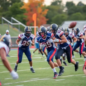 High school football players competing during a game, demonstrating team spirit.