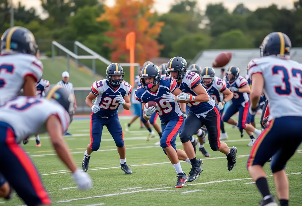 High school football players competing during a game, demonstrating team spirit.