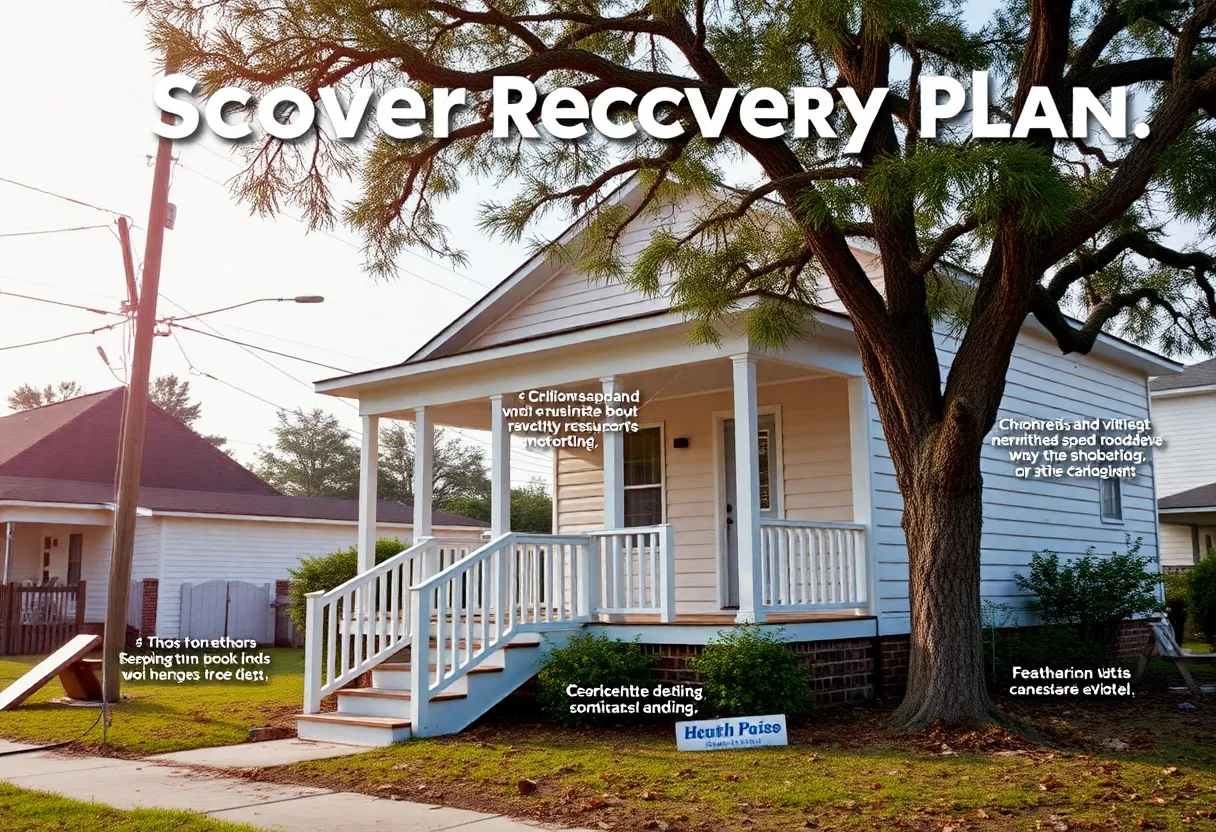 Community members working on home repairs after hurricane damage