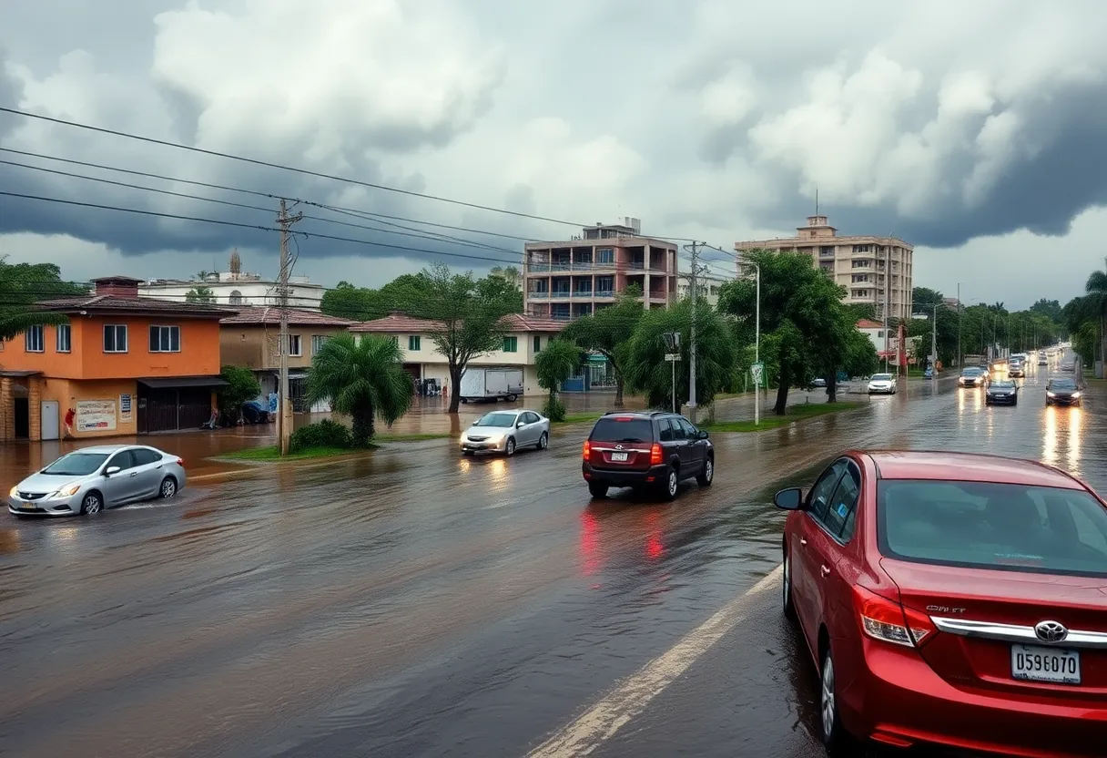 Flooded street in Illinois during severe weather with cloudy skies