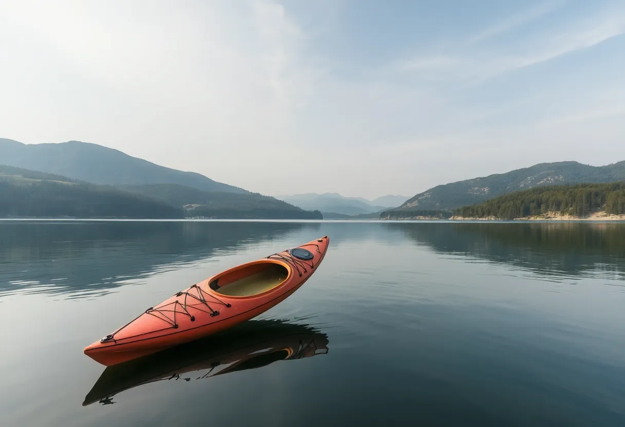 Sunset over a lake with a capsized kayak