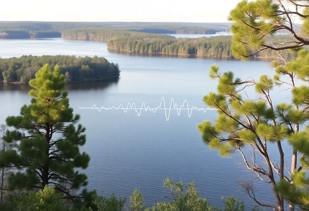 A peaceful scene of Lake Greenwood with signs of recent earthquake activity.