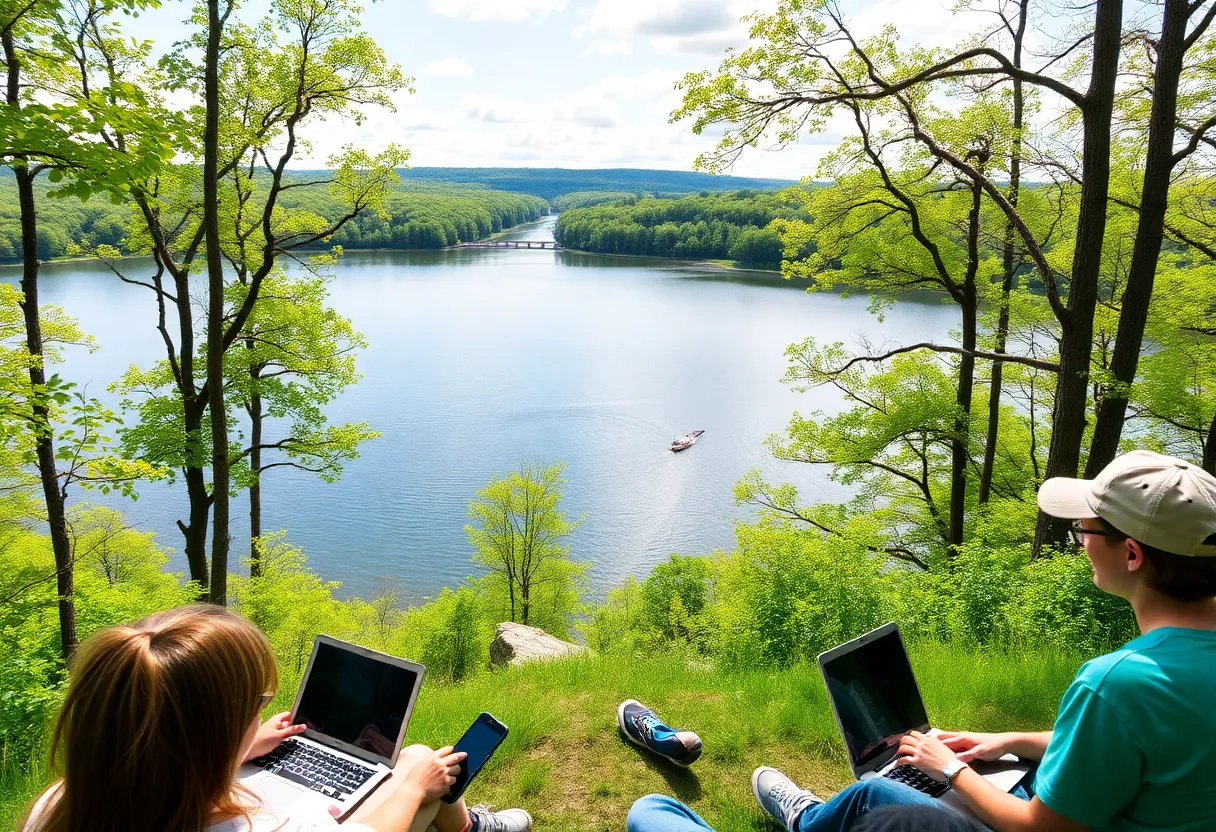 People using devices at Lake Greenwood State Park