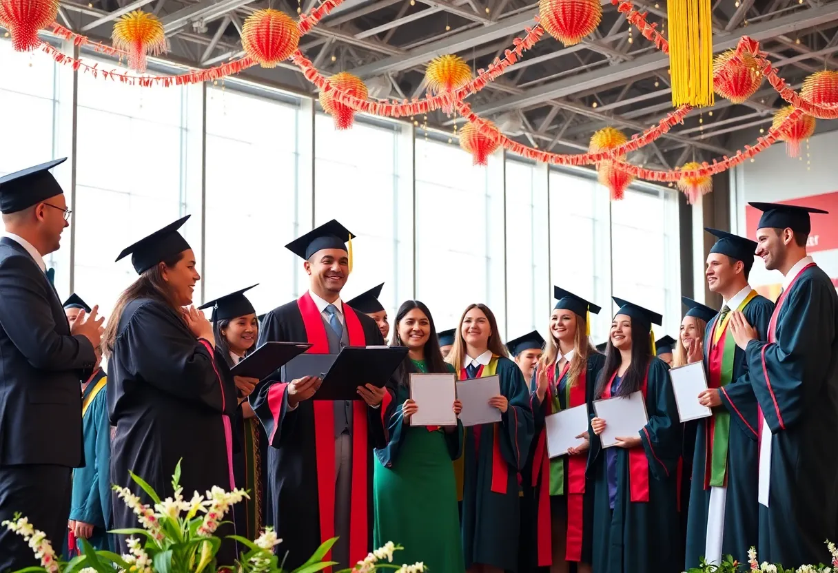 Faculty and graduates celebrating at the Lander University awards ceremony.