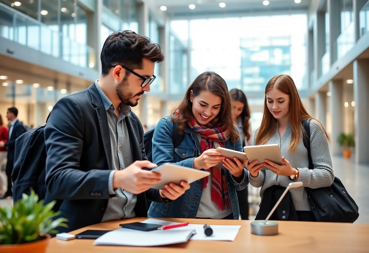 Students engaging in business and technology activities at Lander University