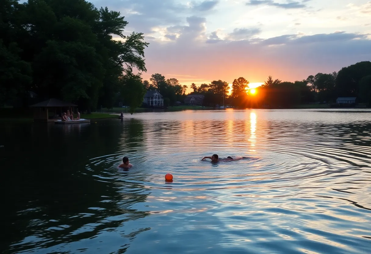 Tranquil scene of Madison City Lake with sunset reflection