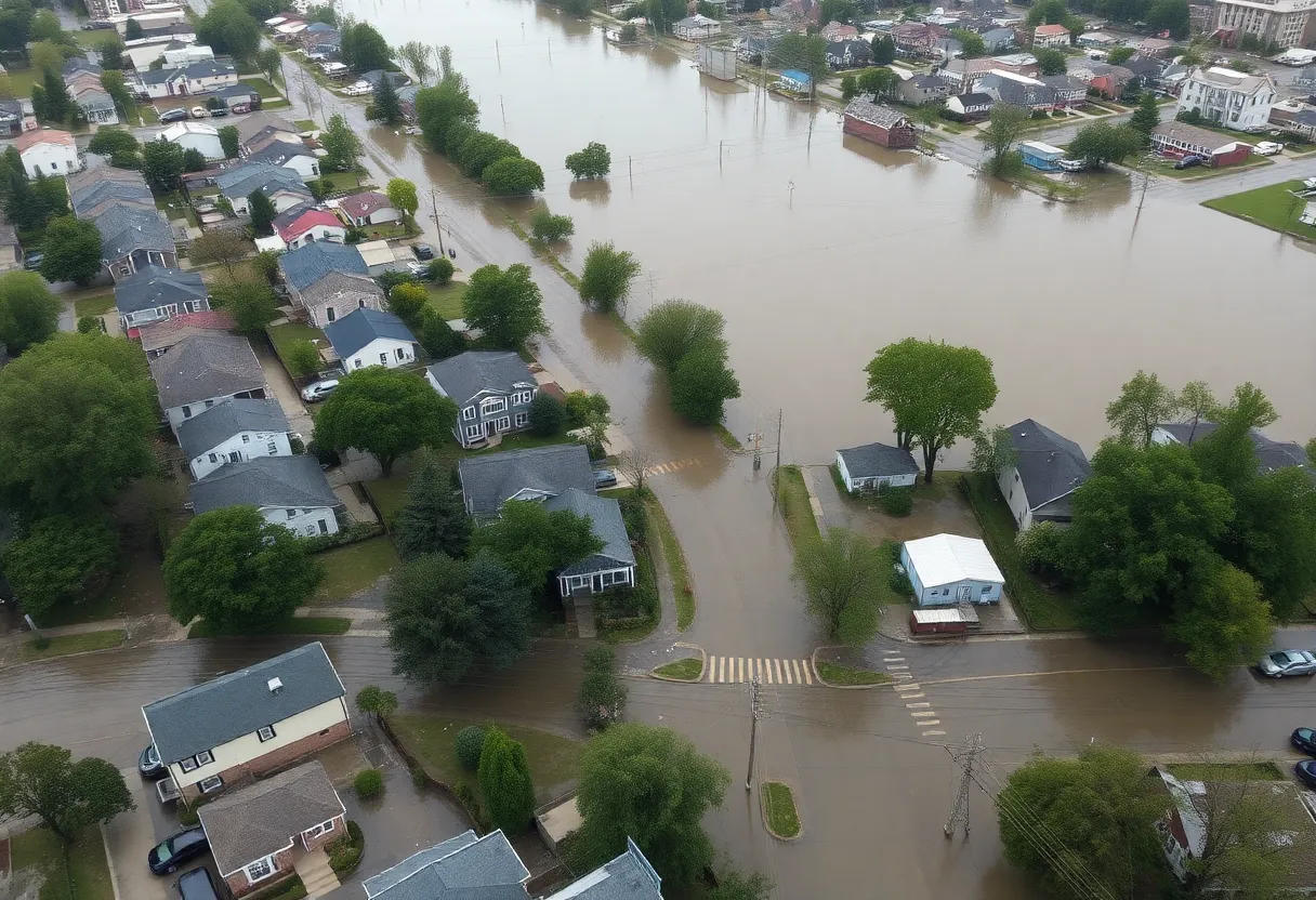 Aerial view of Milwaukee showing extensive flooding damage from heavy rainfall.