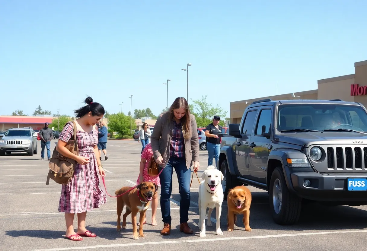 Family looking for their missing dogs in a parking lot.