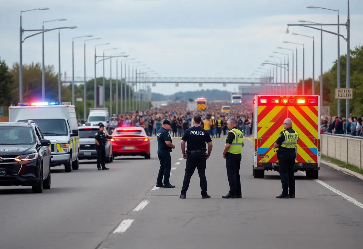 Police investigation at night with officers and emergency vehicles at the dragway.