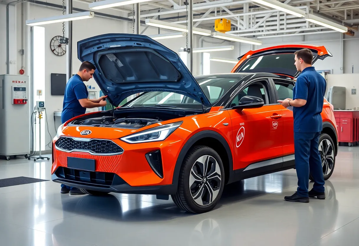 Students engaged in automotive training with Kia EV6 at Piedmont Technical College