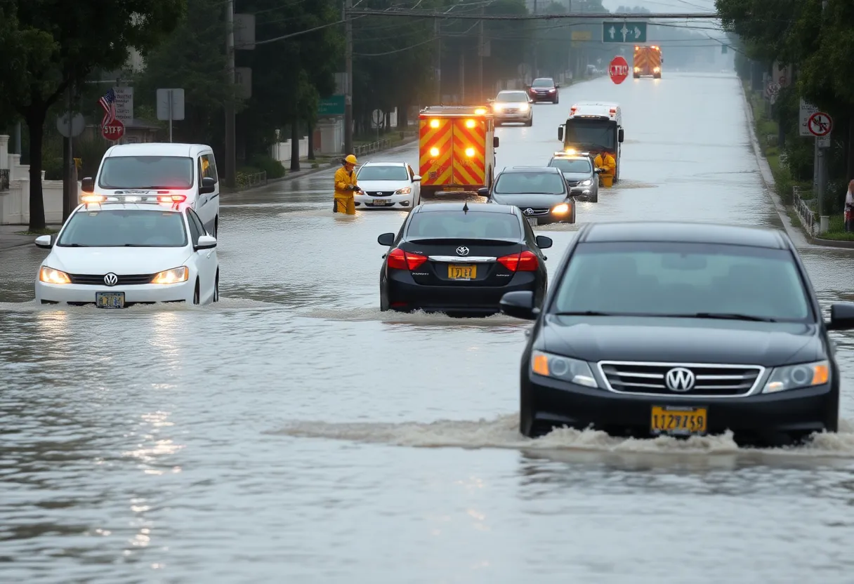 Urban road flooded with vehicles stuck in water