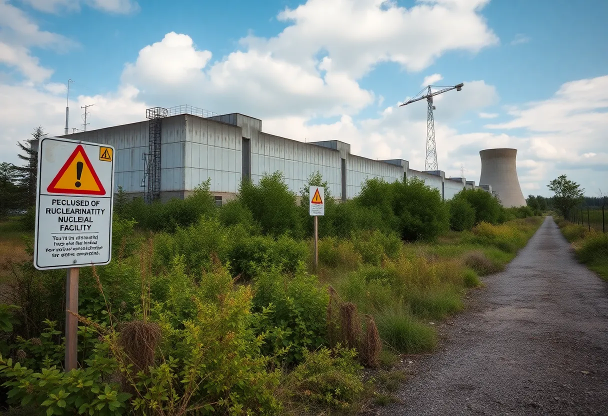 Cold War-era nuclear facility with caution signs indicating contamination risks.