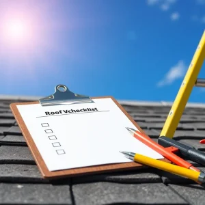 Seasonal checklist for roof maintenance placed on a clipboard