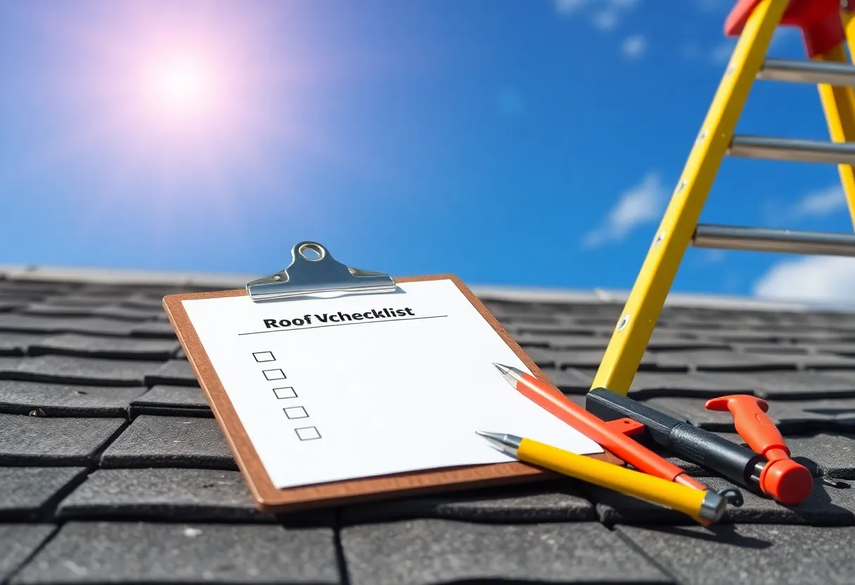 Seasonal checklist for roof maintenance placed on a clipboard