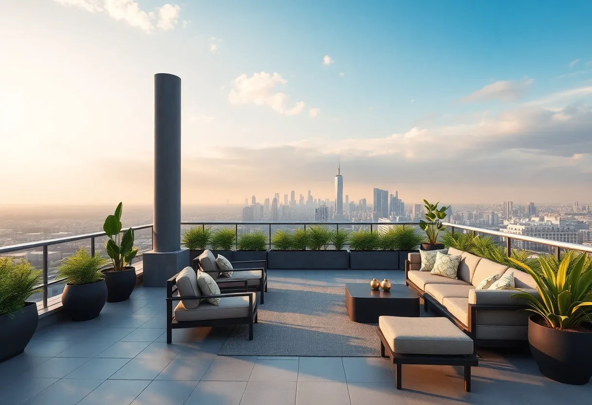 A beautifully designed modern outdoor living space on a rooftop with comfortable furniture and plants