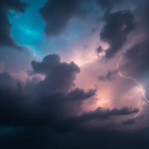 Dark storm clouds with lightning during severe thunderstorm in Upstate South Carolina