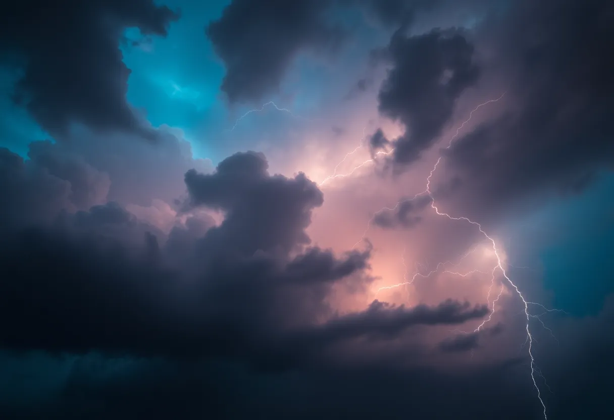 Dark storm clouds with lightning during severe thunderstorm in Upstate South Carolina