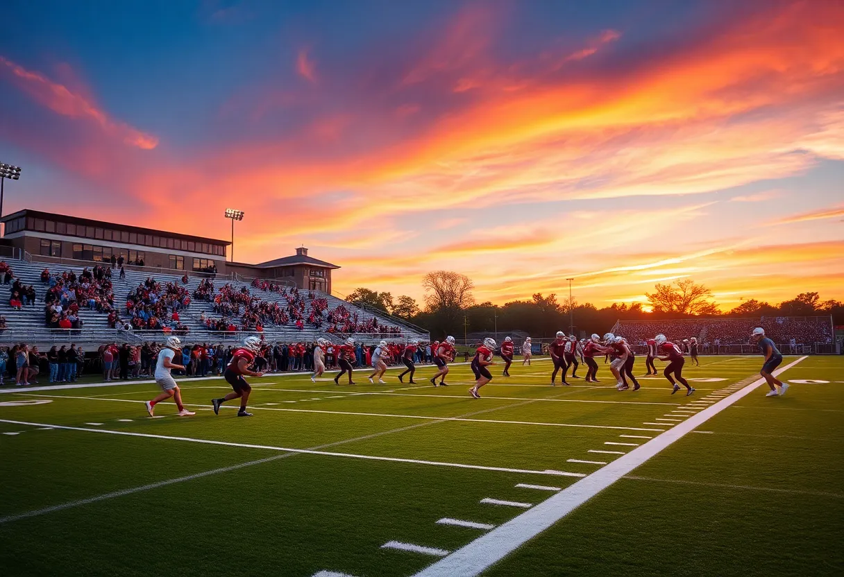High school football teams practicing under a sunset sky