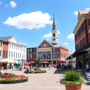 A scenic view of a South Carolina town square bustling with activity.