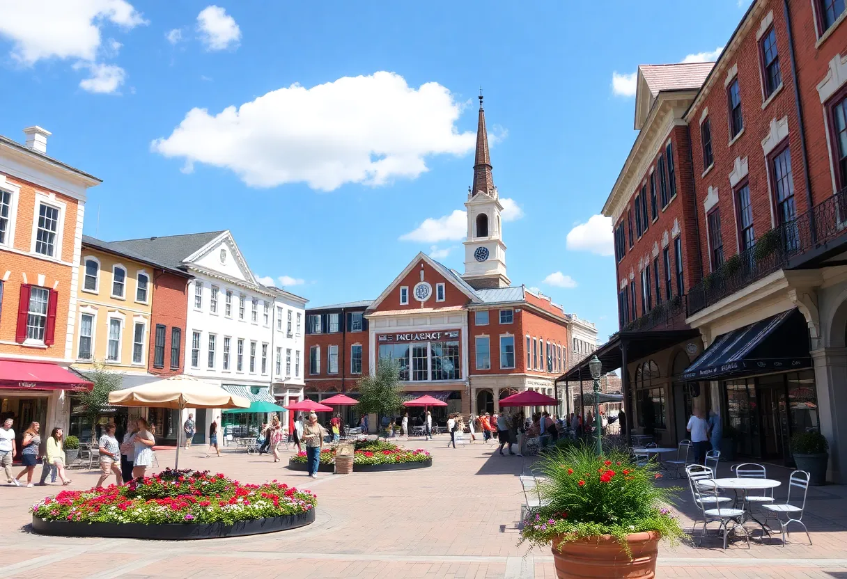A scenic view of a South Carolina town square bustling with activity.
