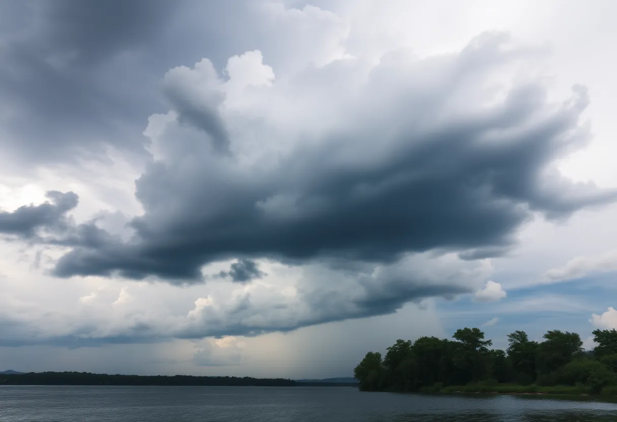 Dark storm clouds over Lake Greenwood during a thunderstorm warning.