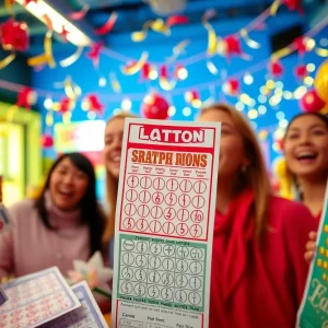 Colorful lottery tickets on a table with confetti