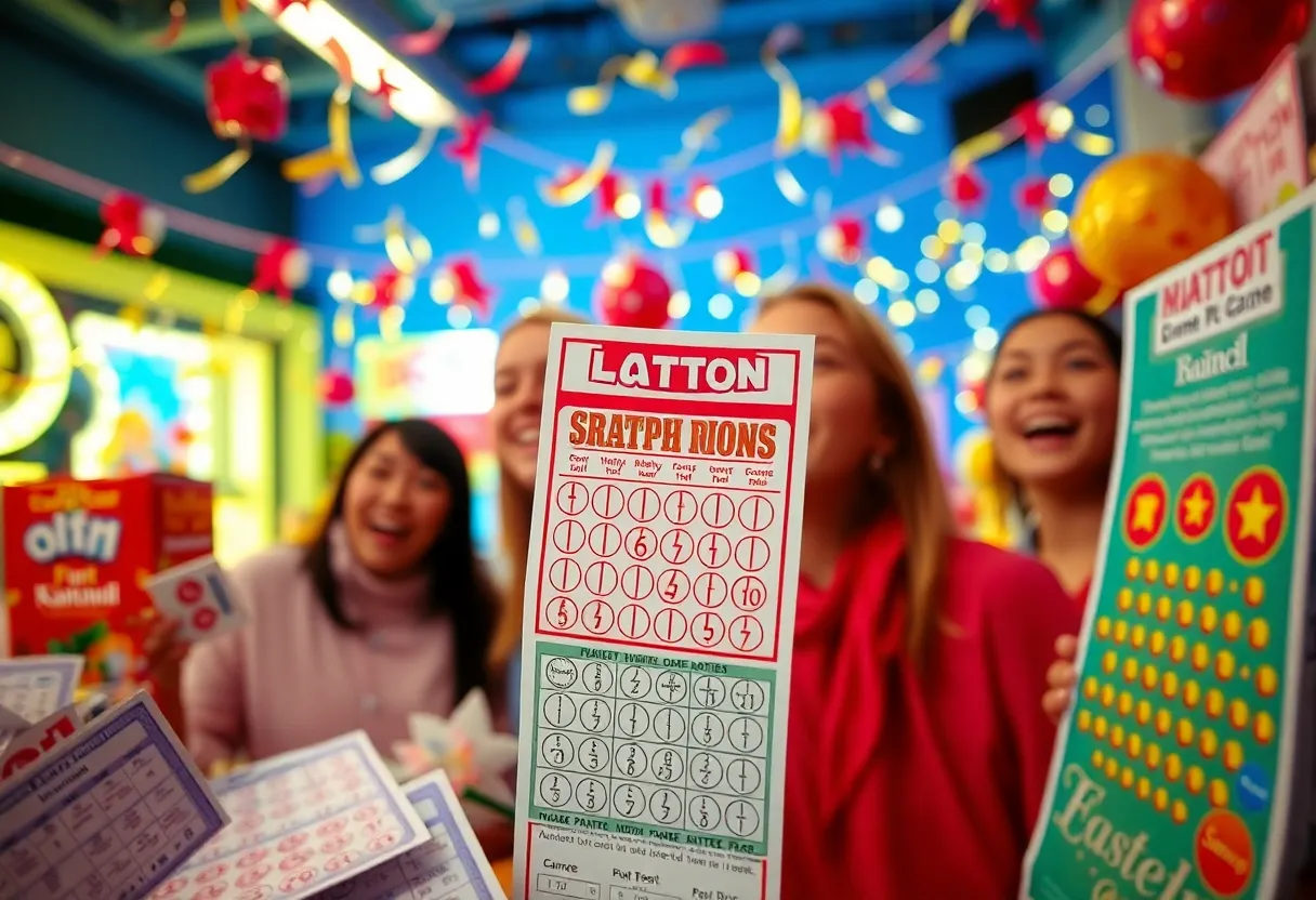 Colorful lottery tickets on a table with confetti
