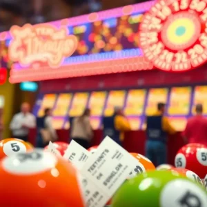 Lottery game tickets and colorful lottery balls with excitement in the air