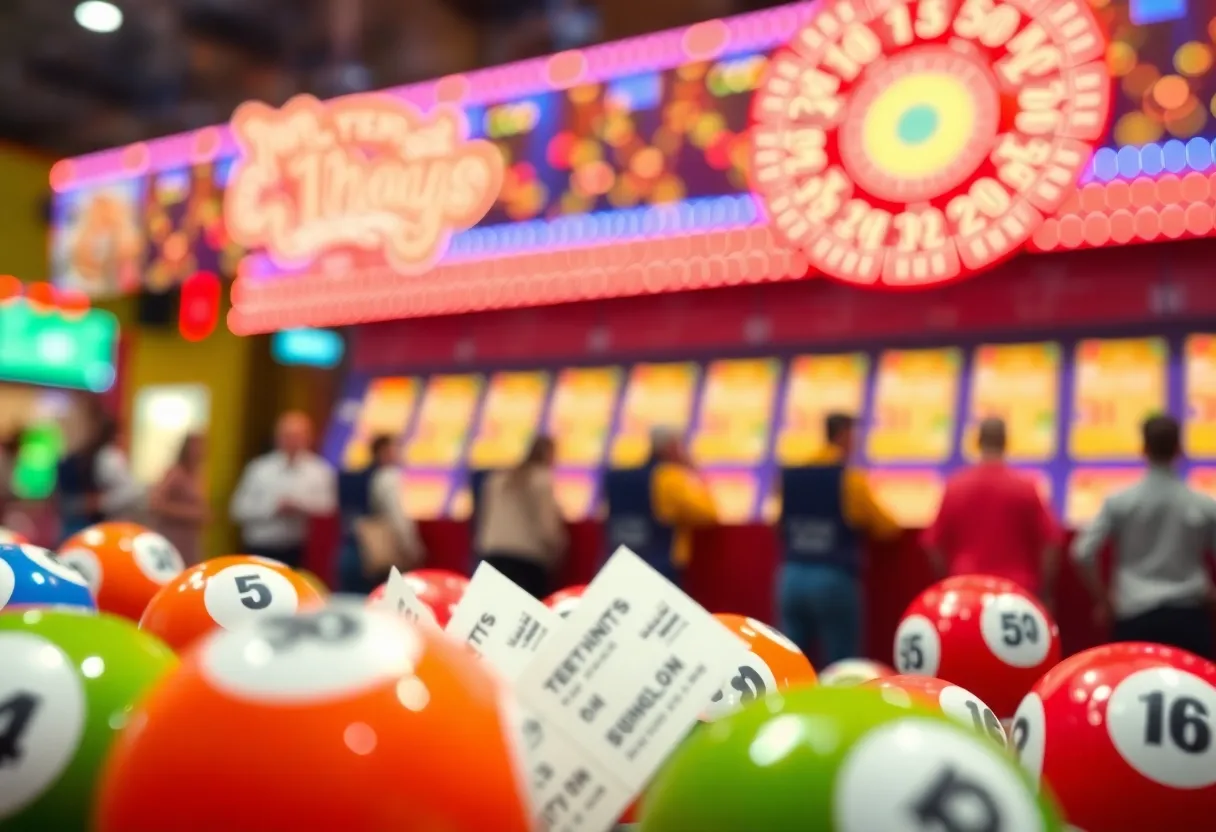Lottery game tickets and colorful lottery balls with excitement in the air