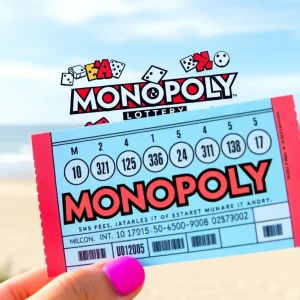 Vibrant lottery ticket with Monopoly theme against Ocean Isle Beach background