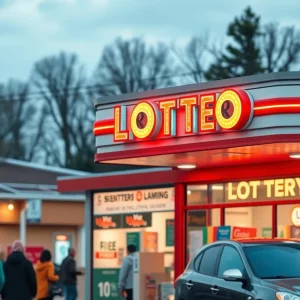 A gas station with a lottery sign, representing the Palmetto Cash 5 jackpot