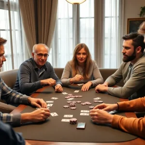 Group of individuals engaged in a friendly poker game in a private setting.