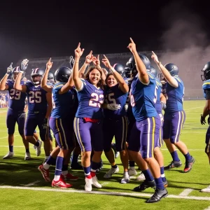 Anderson University football team celebrating after their win against Shorter University on the football field.