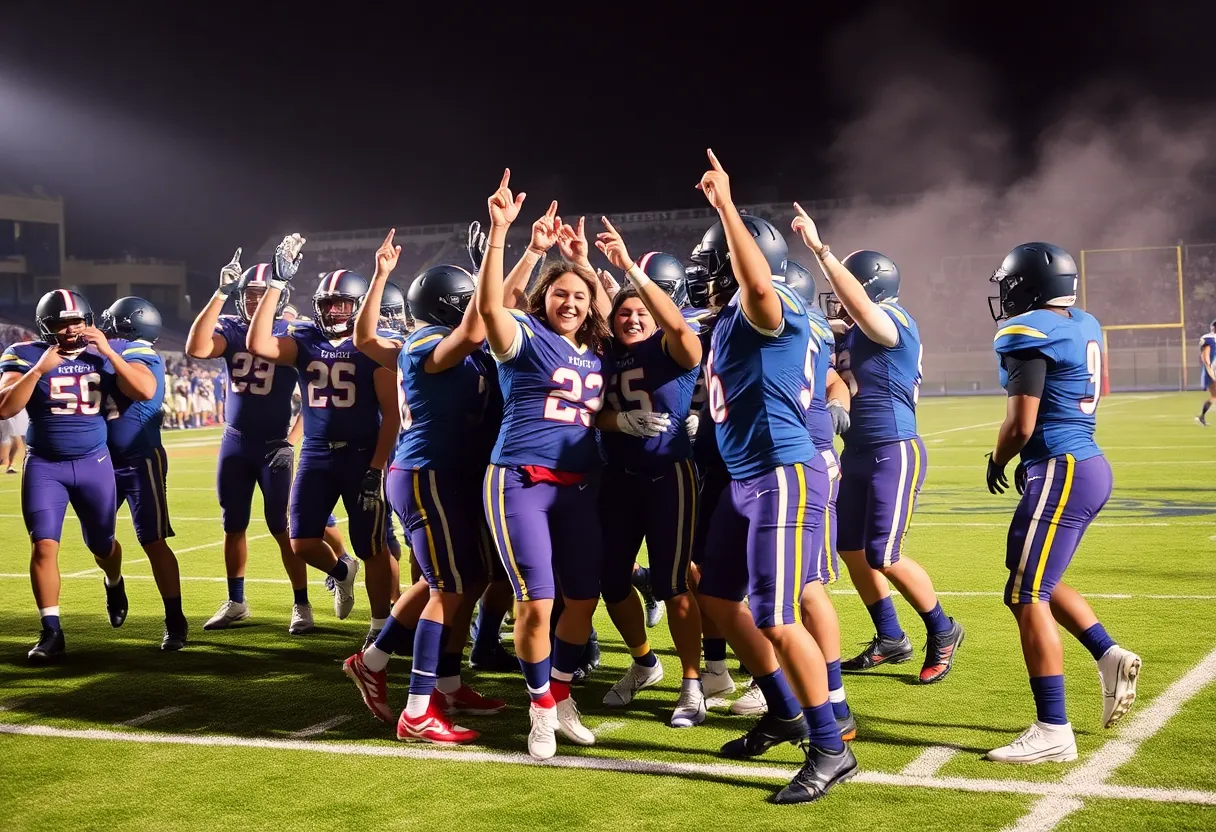 Anderson University football team celebrating after their win against Shorter University on the football field.