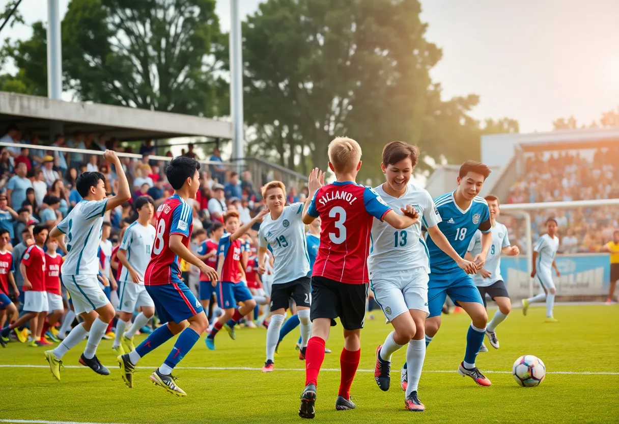 Austin FC Academy players celebrating a goal during a match