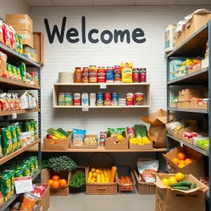 Food pantry shelves stocked with various food items