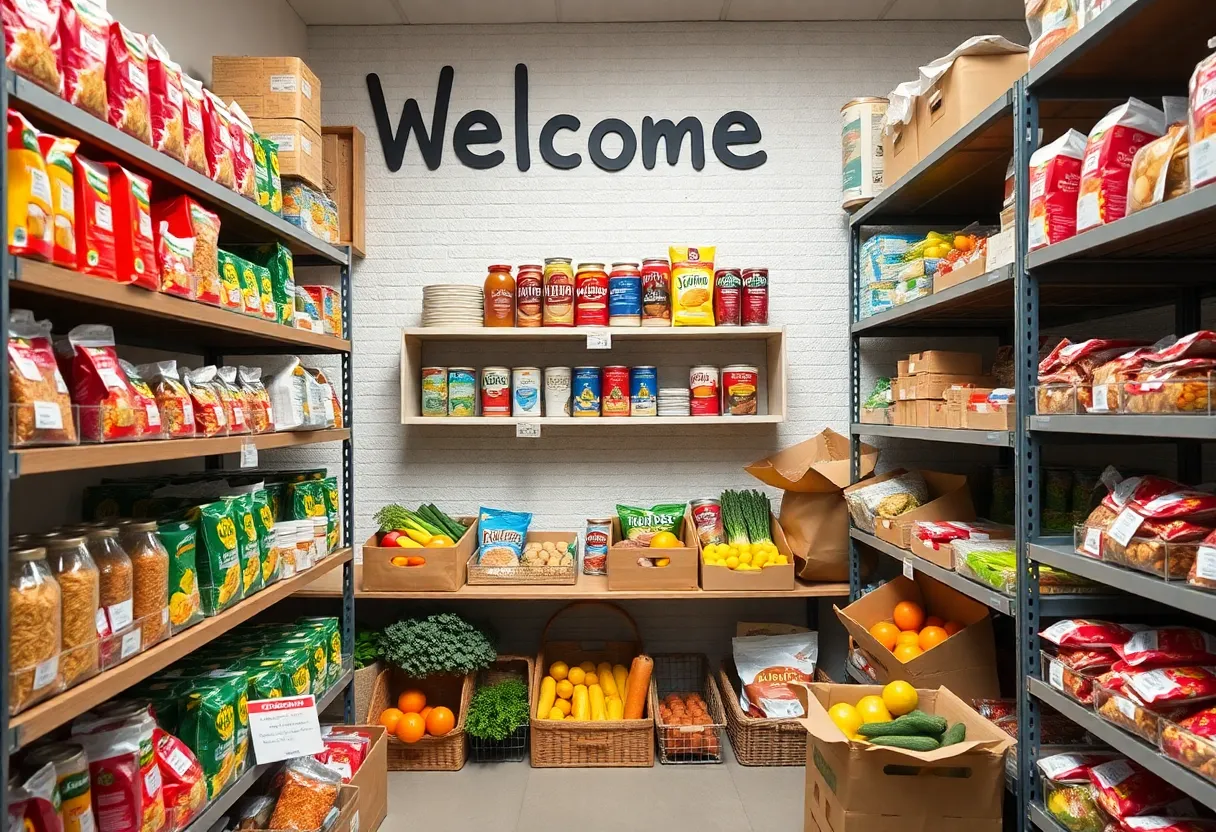 Food pantry shelves stocked with various food items