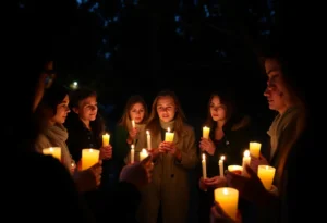 Community members holding candles during a vigil for Charlie Kirk