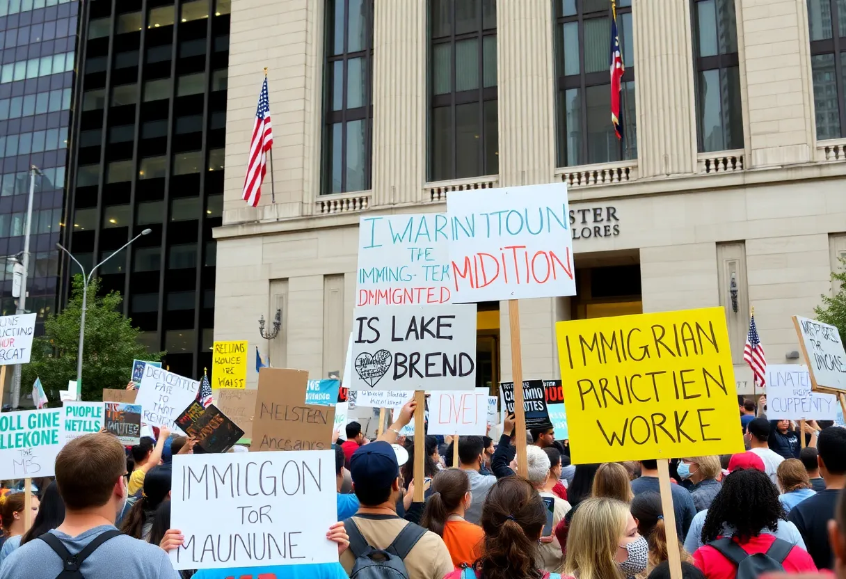 Crowd of protesters holding signs in Chicago against immigration enforcement