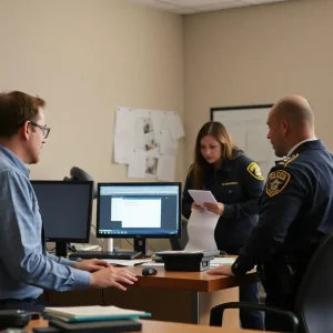 Law enforcement officer reviewing evidence on computer
