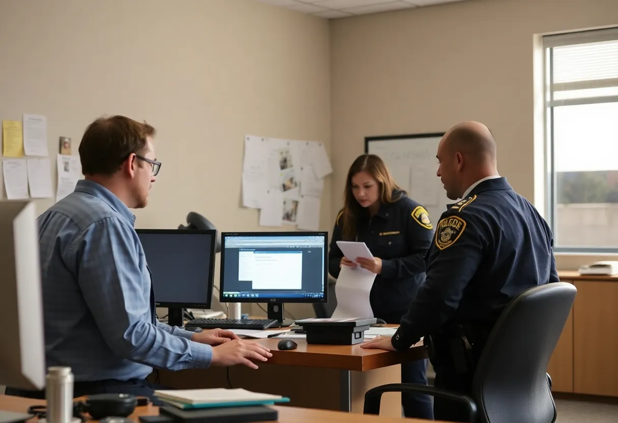 Law enforcement officer reviewing evidence on computer