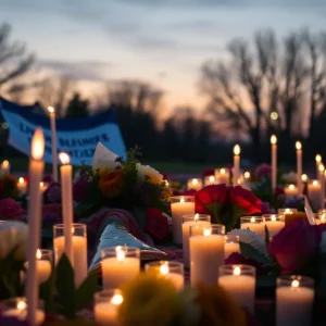 Memorial vigil for a tragic loss with candles and flowers.