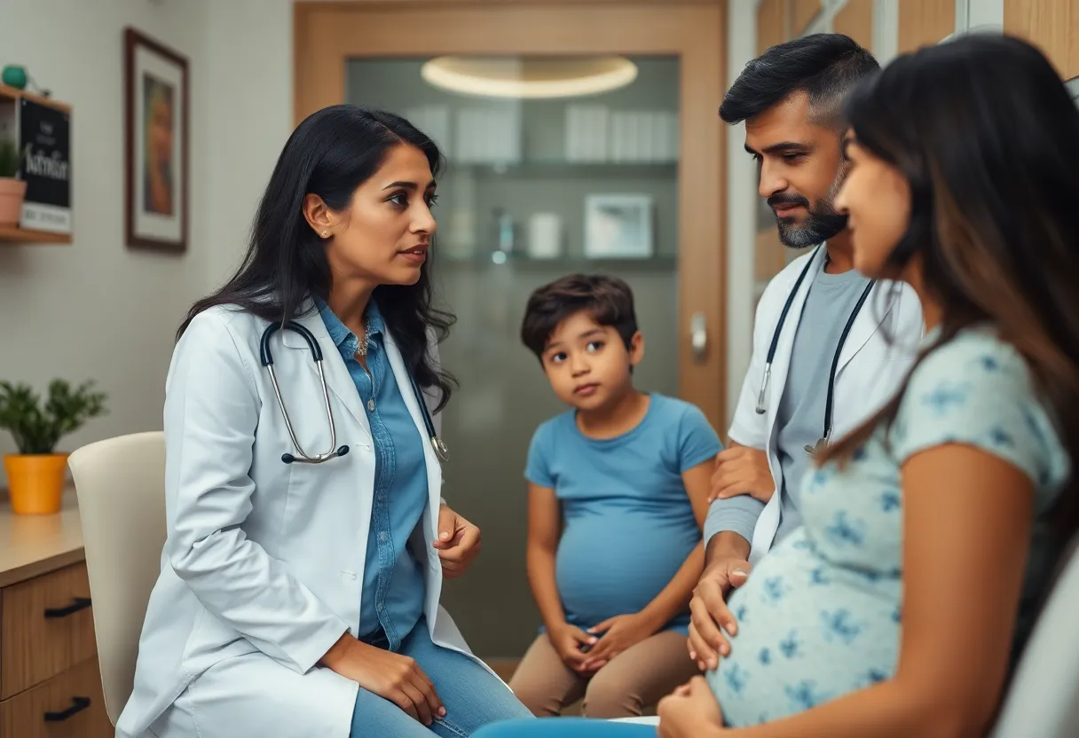 A worried family at a doctor's office discussing acetaminophen and autism.
