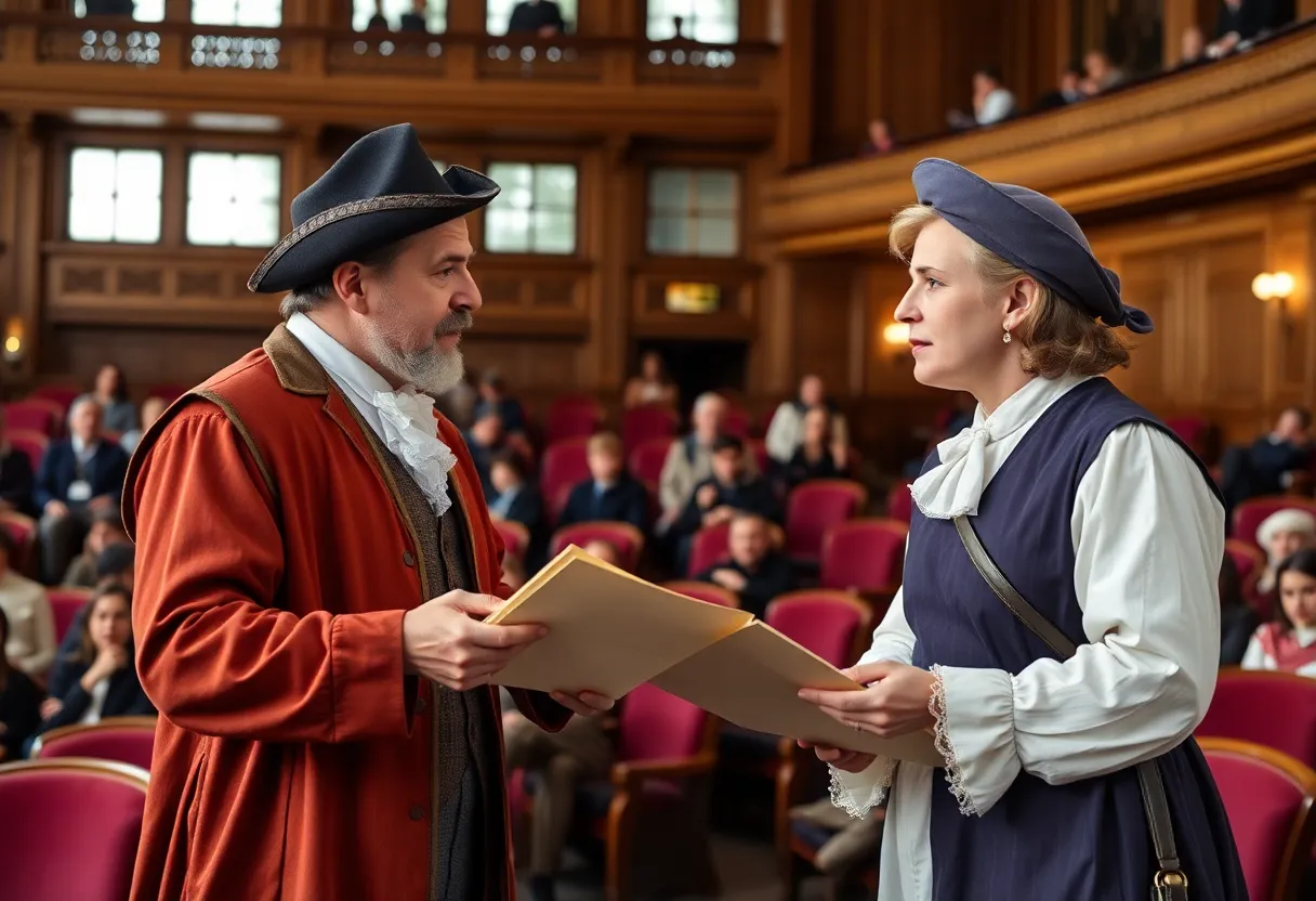 Actors depicting Thomas Jefferson and John Adams during a live debate