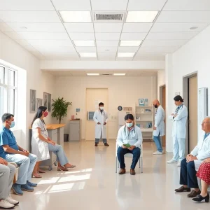 A family medicine clinic with healthcare professionals interacting with patients.