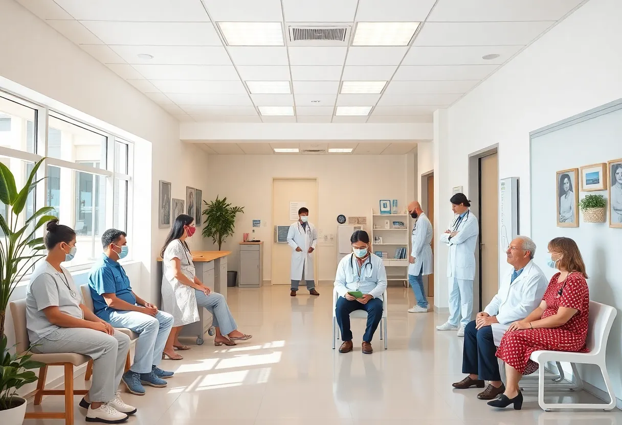 A family medicine clinic with healthcare professionals interacting with patients.