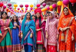 Various outfits representing festive fashion trends in vibrant colors and traditional styles.