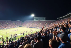 Football game night at Smith-Robinson Stadium with fans cheering.