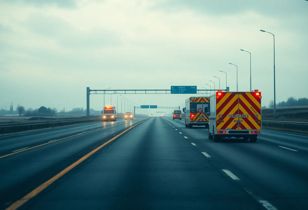 An empty highway with emergency vehicles highlighting road safety concerns in Greenwood County